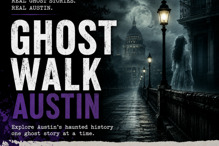 Poster for Ghost Walk Austin with a ghostly figure on a foggy street.