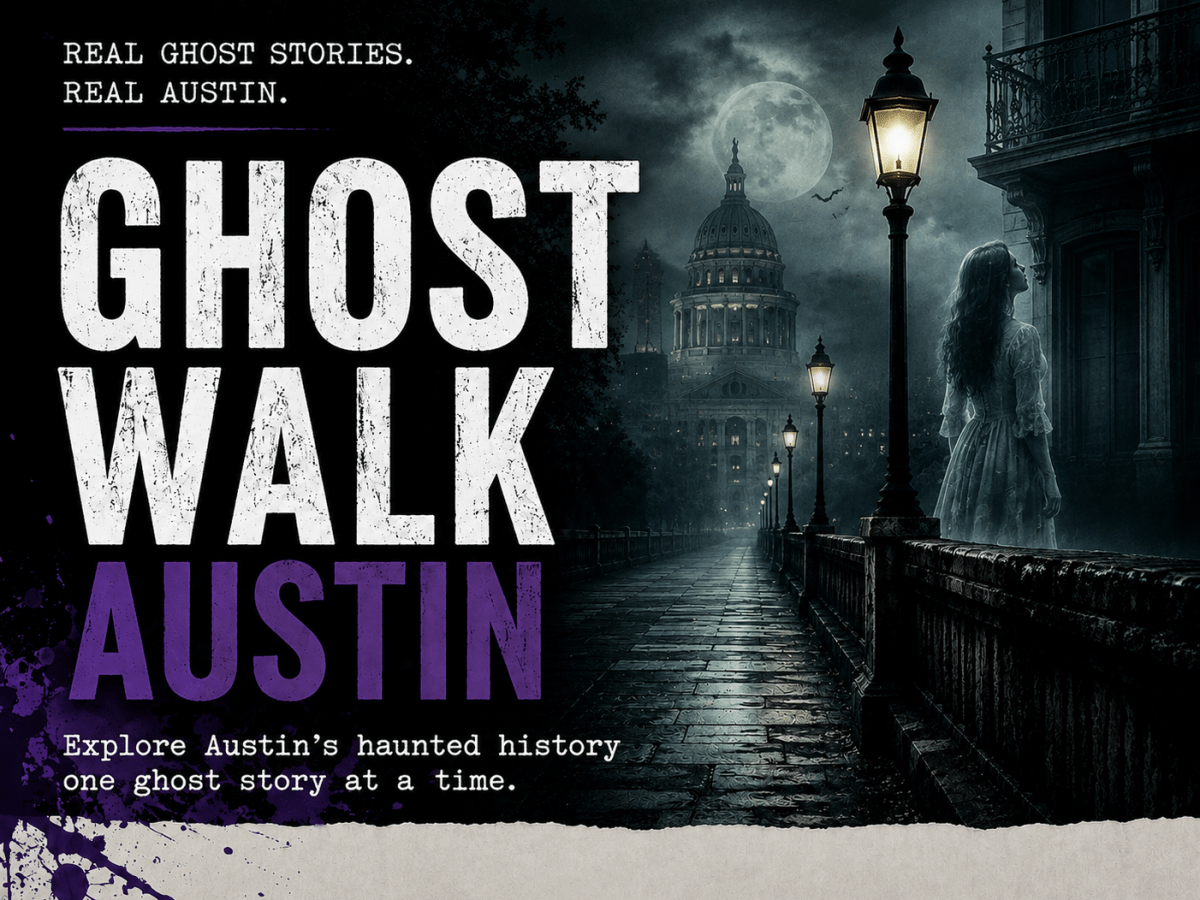 Poster for Ghost Walk Austin with a ghostly figure on a foggy street.
