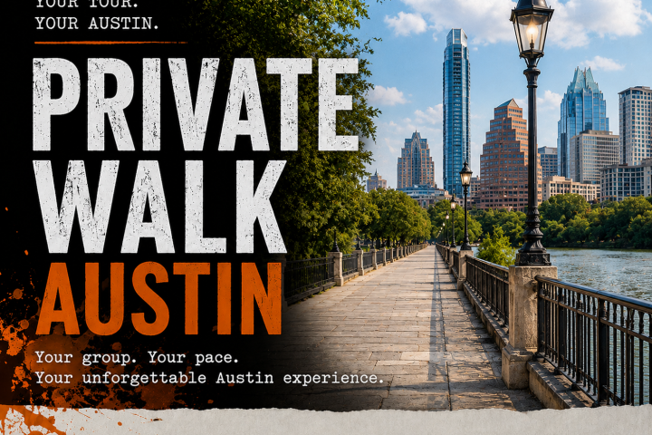 Text 'Private Walk Austin'; city skyline and river view with walkway.