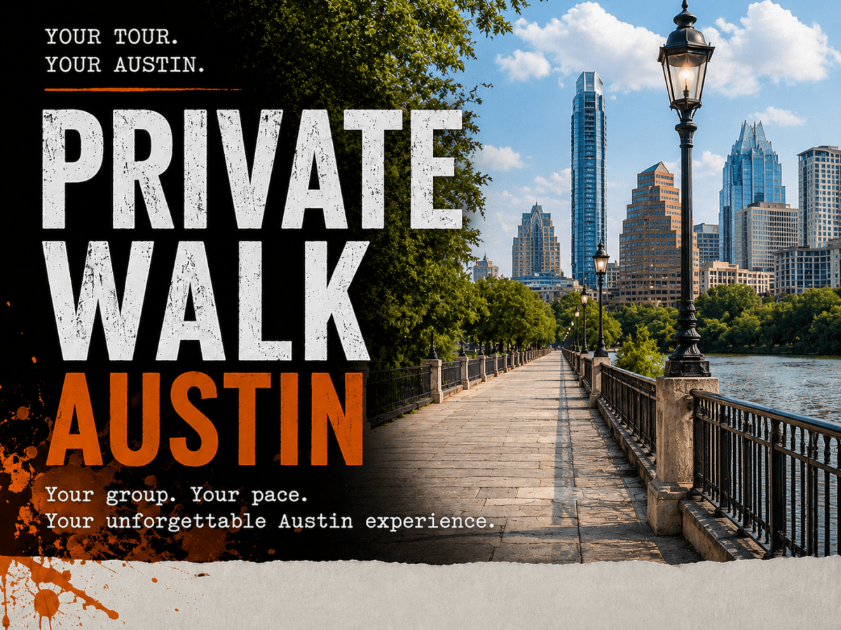Text 'Private Walk Austin'; city skyline and river view with walkway.