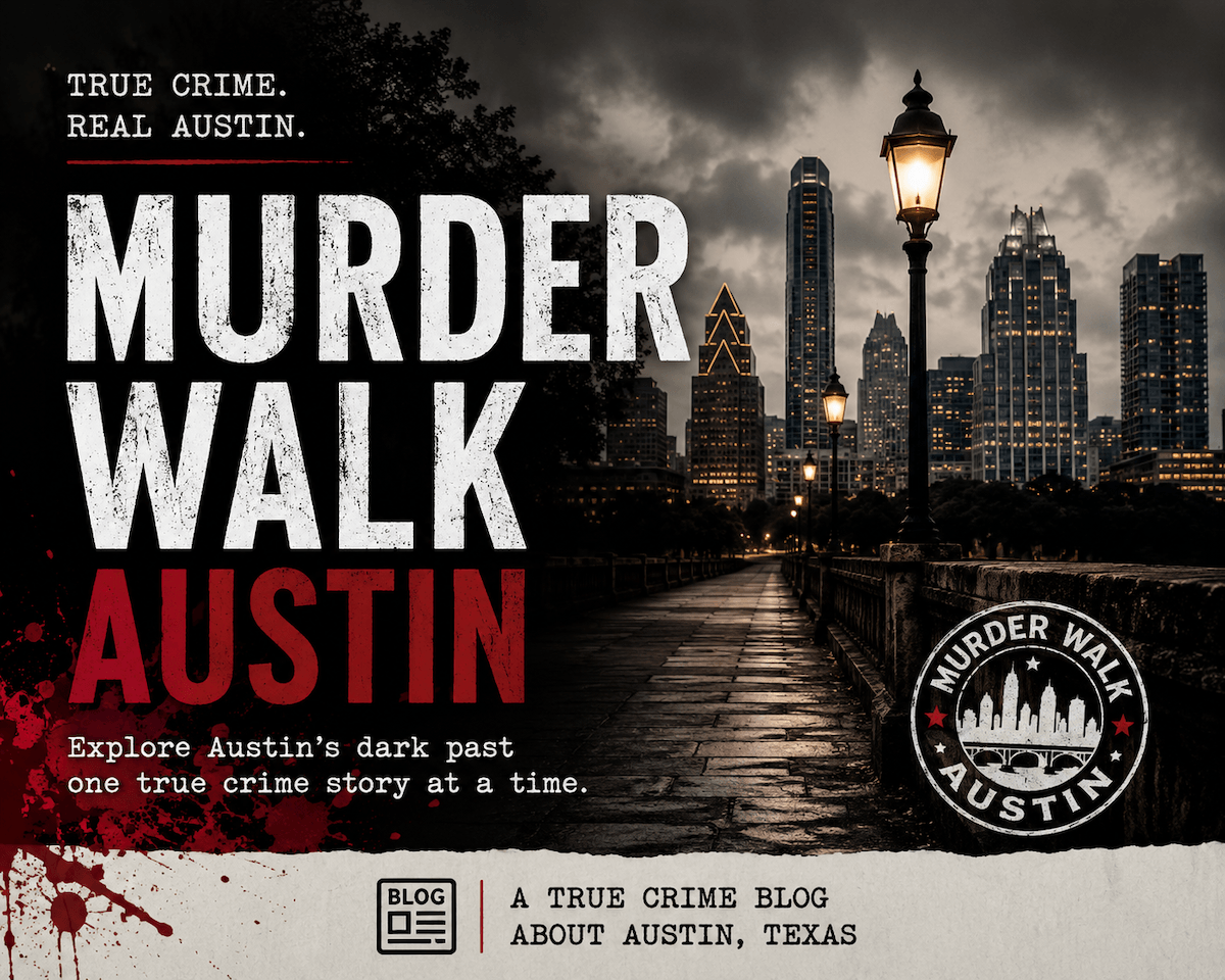 Murder Walk Austin poster with city skyline and a crime theme.