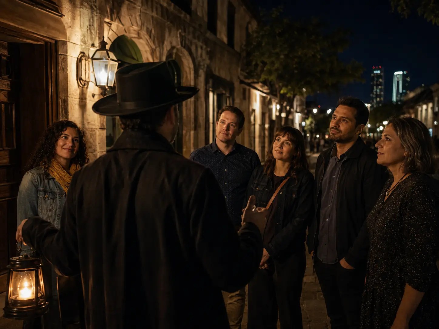 An Austin walking tour guide sharing stories with a group at night